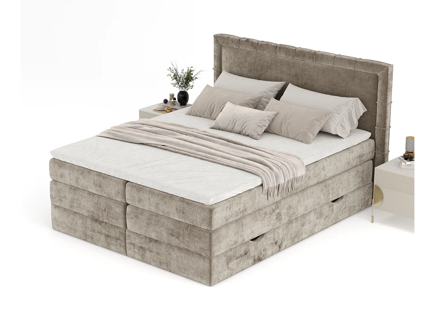 Boxspringbett aus Chenille-Stoff Rosabel - Matratze - Toppermatratze - 160x200 cm - beige