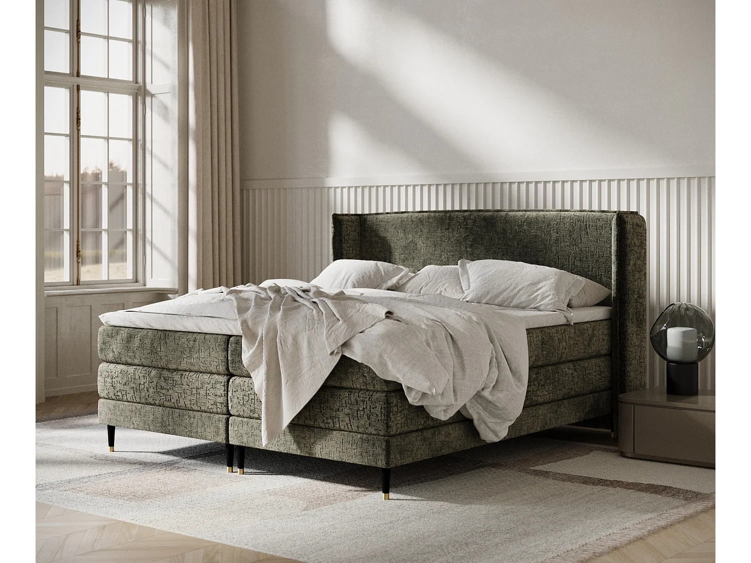 Lit boxspring en tissu chenille Carizzo - matelas - surmatelas - 200x200 cm - vert olive