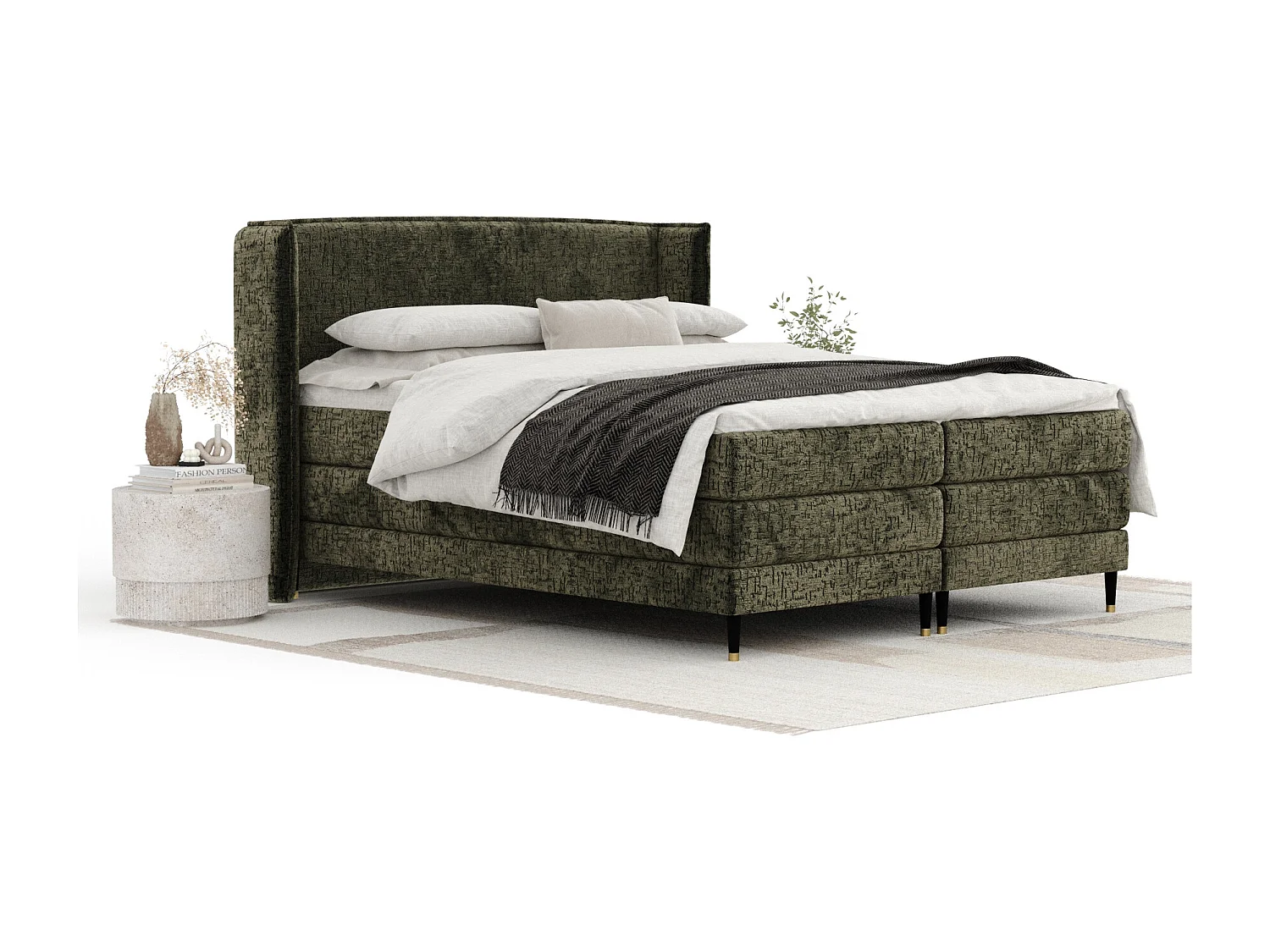 Boxspringbett aus Chenille-Stoff Carizzo - Matratze - Toppermatratze - 200x200 cm - olivenfarbe