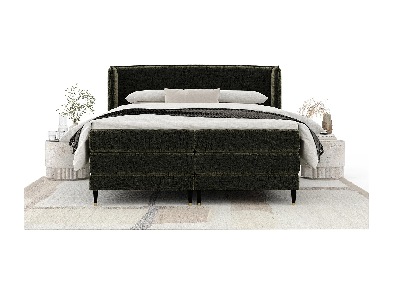 Boxspringbett aus Chenille-Stoff Carizzo - Matratze - Toppermatratze - 200x200 cm - olivenfarbe