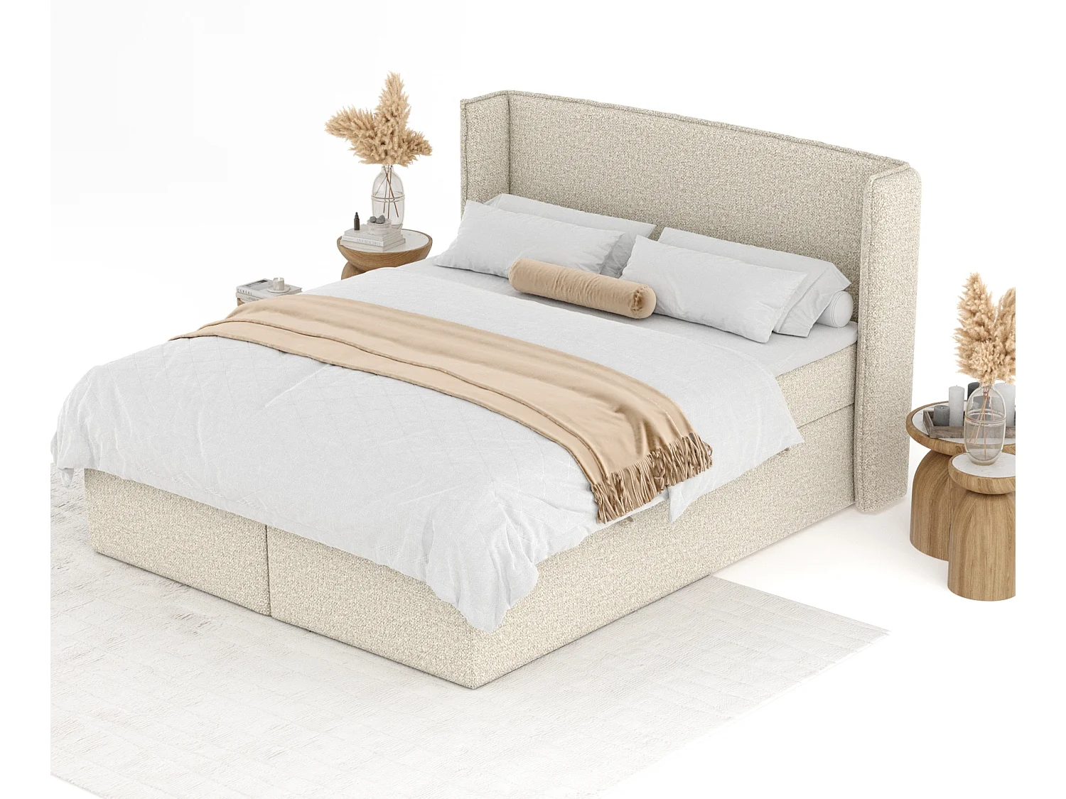 Boxspringbett aus Boucle-Stoff Skyline - Matratze - Toppermatratze - 140x200 cm - beige