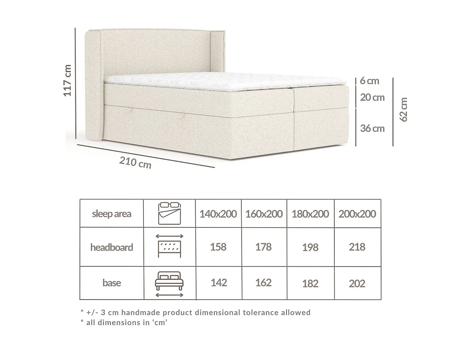 Boxspringbett aus Boucle-Stoff Skyline - Matratze - Toppermatratze - 140x200 cm - beige