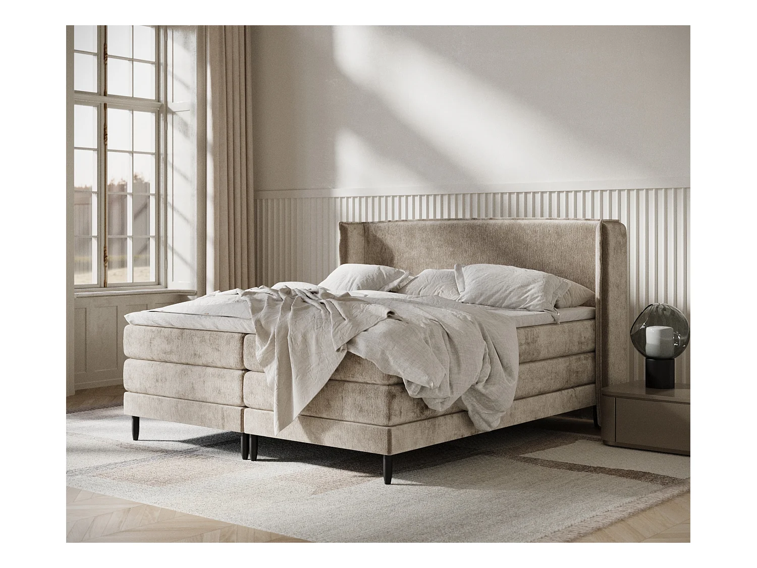 Lit boxspring en tissu chenille Carizzo - matelas - surmatelas - 160x200 cm - beige