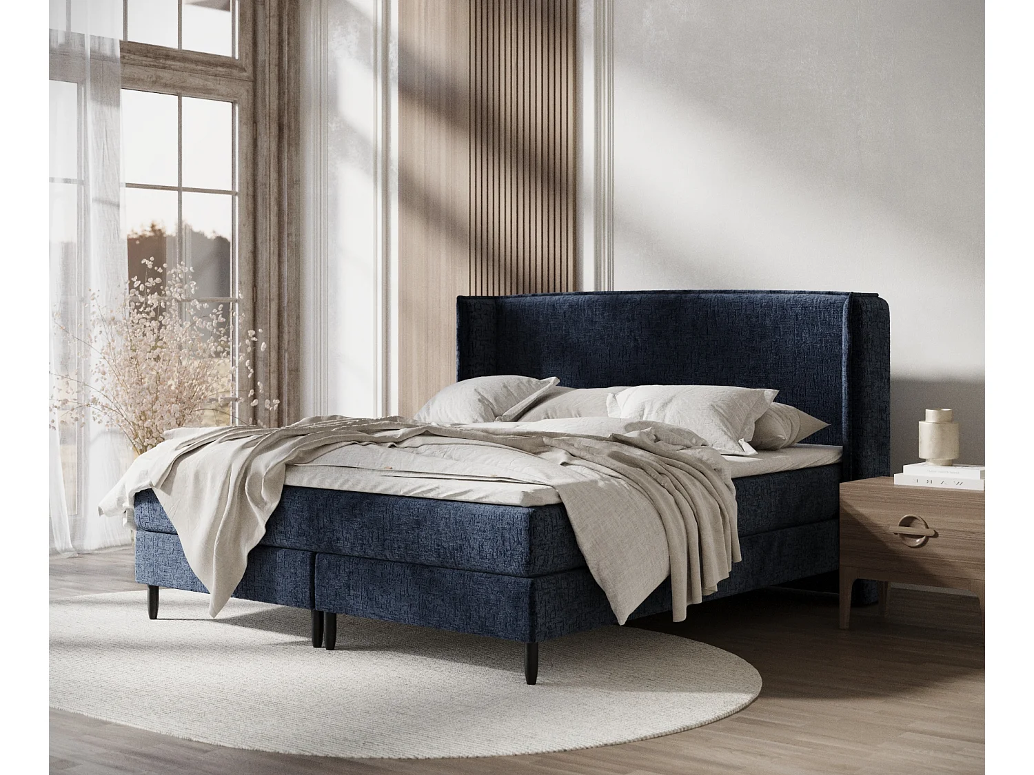 Lit boxspring en tissu chenille Ardis - matelas - surmatelas - 140x200 cm - bleu marine