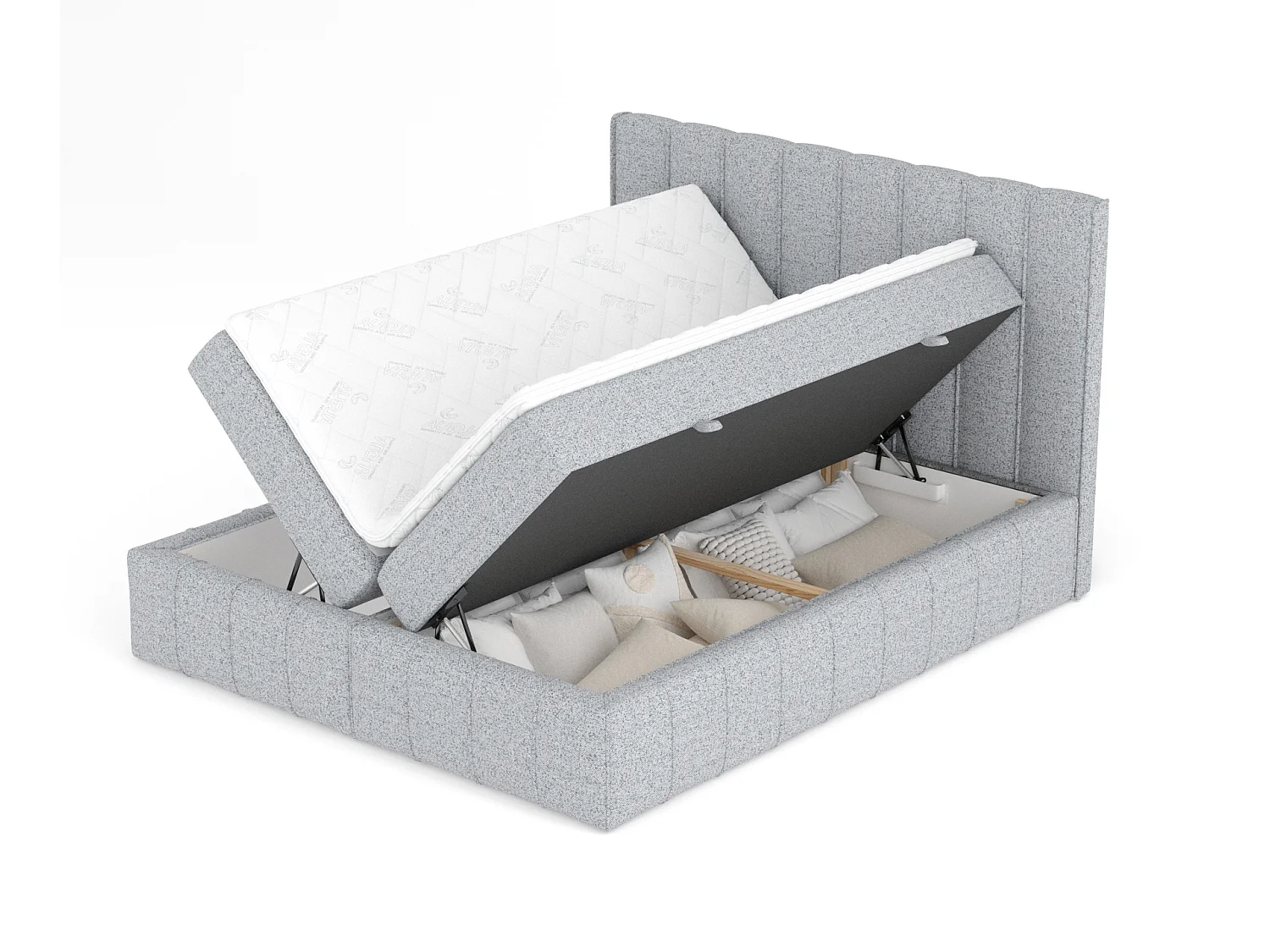 Łóżko boxspring w tkaninie plecionej Moretti - materac - topper - 180x200 cm - szary