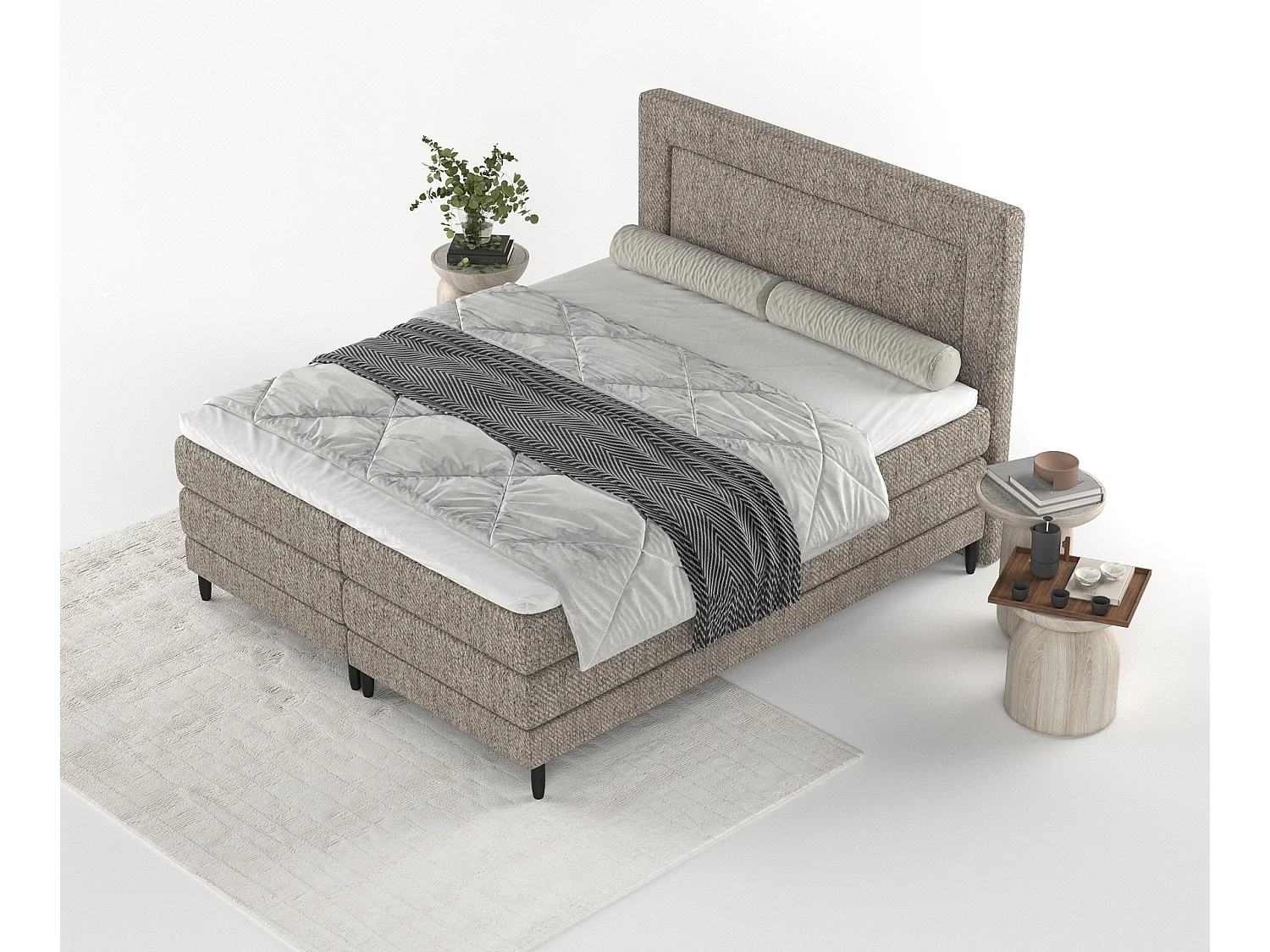 Łóżko boxspring w tkaninie plecionej Madame - materac - topper - 180x200 cm - jasnobrązowy