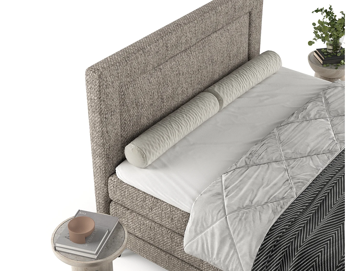 Łóżko boxspring w tkaninie plecionej Madame - materac - topper - 180x200 cm - jasnobrązowy