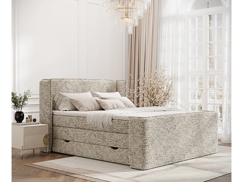 Łóżko boxspring w tkaninie plecionej Freeland - materac - topper - 180x200 cm - beżowy melanż