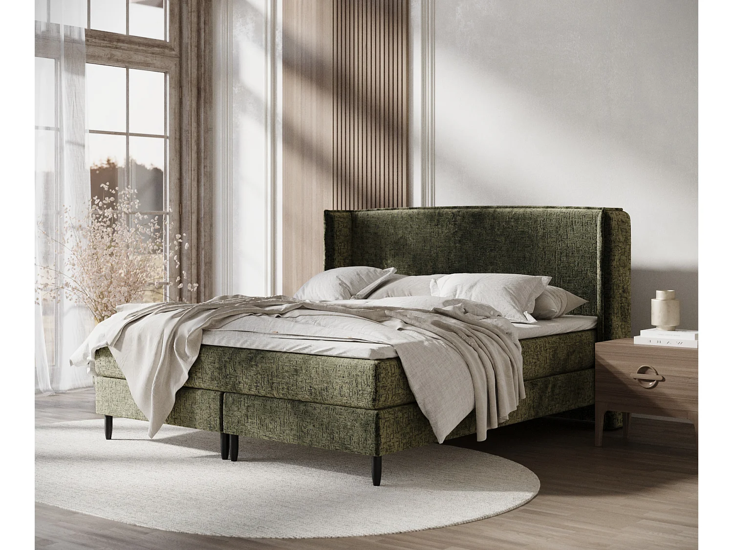 Lit boxspring en tissu chenille Ardis - matelas - surmatelas - 140x200 cm - vert olive