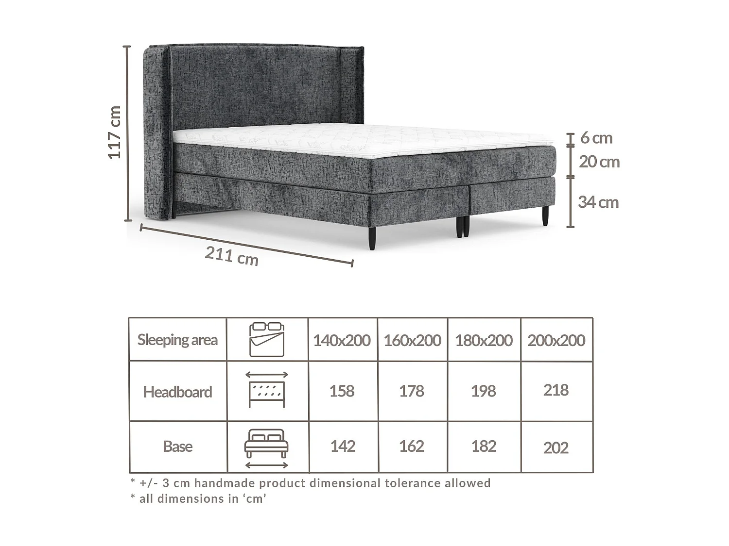 Boxspringbett aus Chenille-Stoff Ardis - Matratze - Toppermatratze - 140x200 cm - olivenfarbe