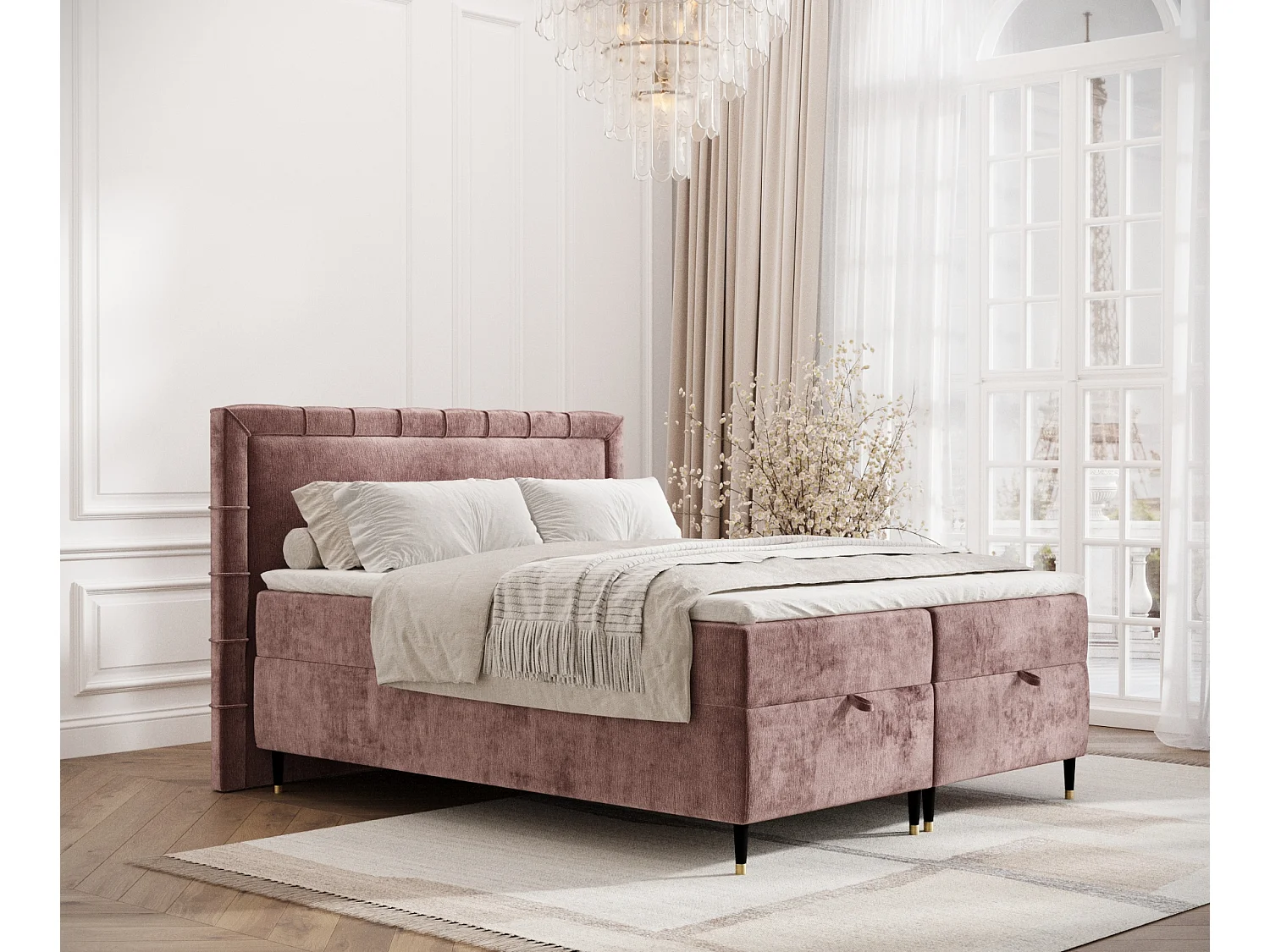 Lit boxspring en tissu chenille Voyage - matelas - surmatelas - 180x200 cm - rose