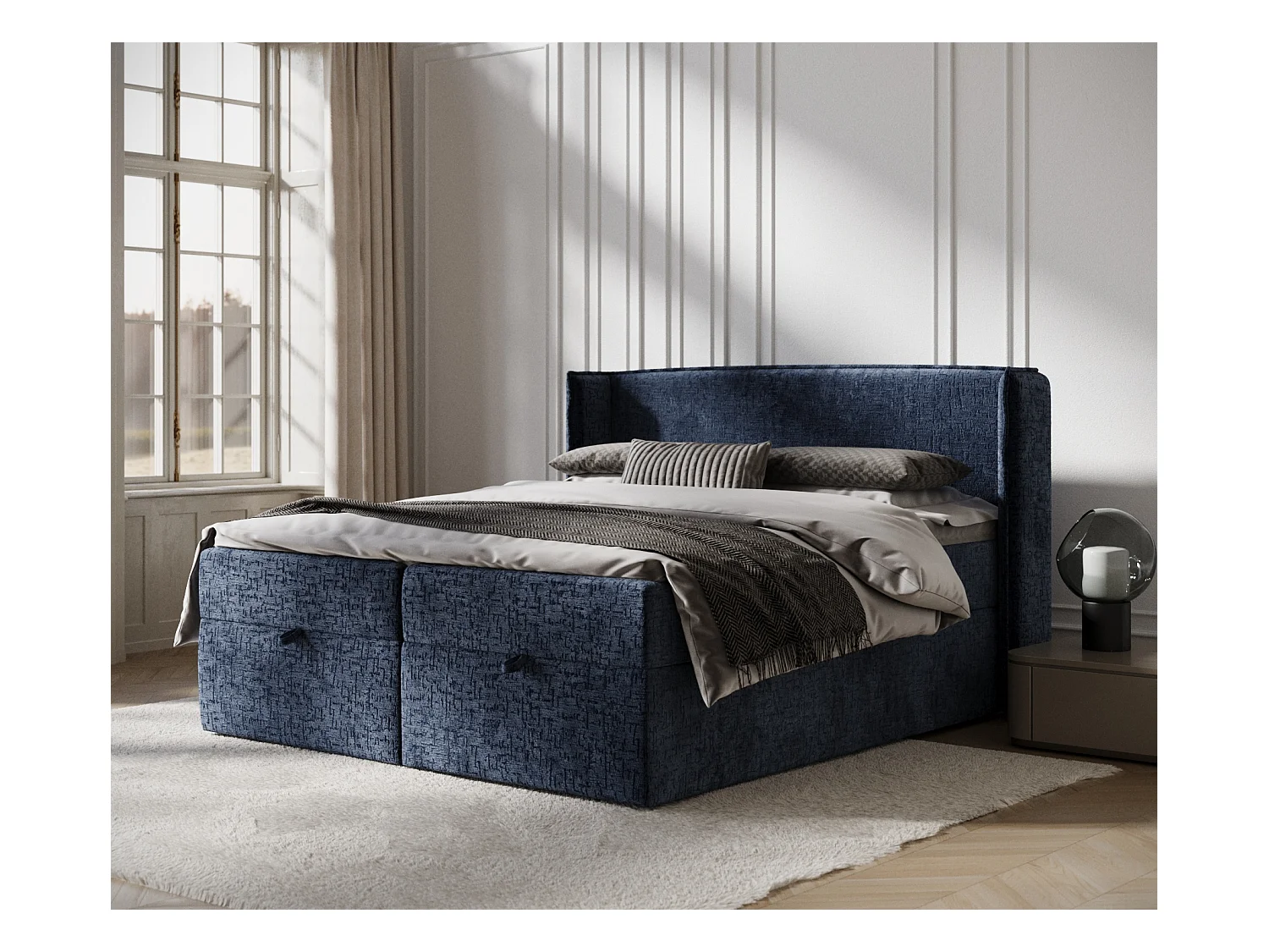 Lit boxspring en tissu chenille Passion - matelas - surmatelas - 200x200 cm - bleu marine