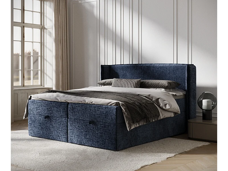 Lit boxspring en tissu chenille Passion - matelas - surmatelas - 200x200 cm - bleu marine