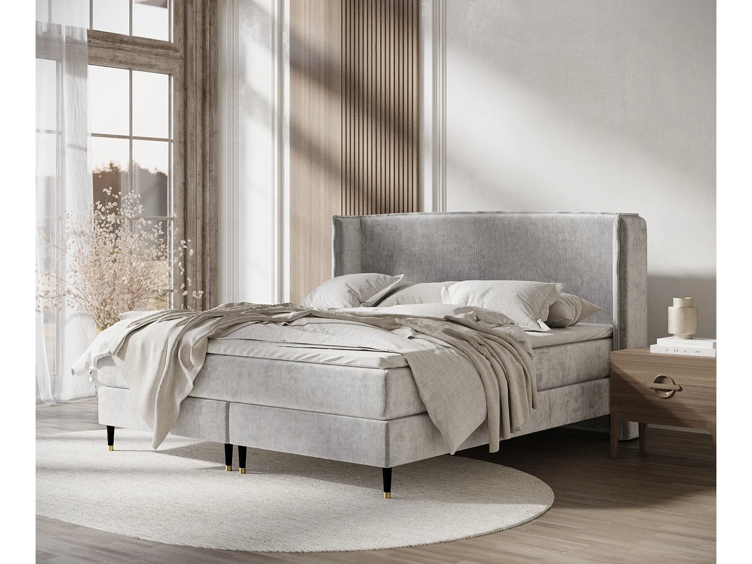 Boxspringbett aus Chenille-Stoff Ardis - Matratze - Toppermatratze - 200x200 cm - hellgrau