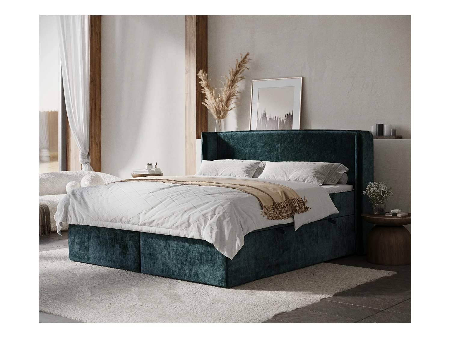 Lit boxspring en tissu chenille Skyline - matelas - surmatelas - 140x200 cm - couleur sarcelle