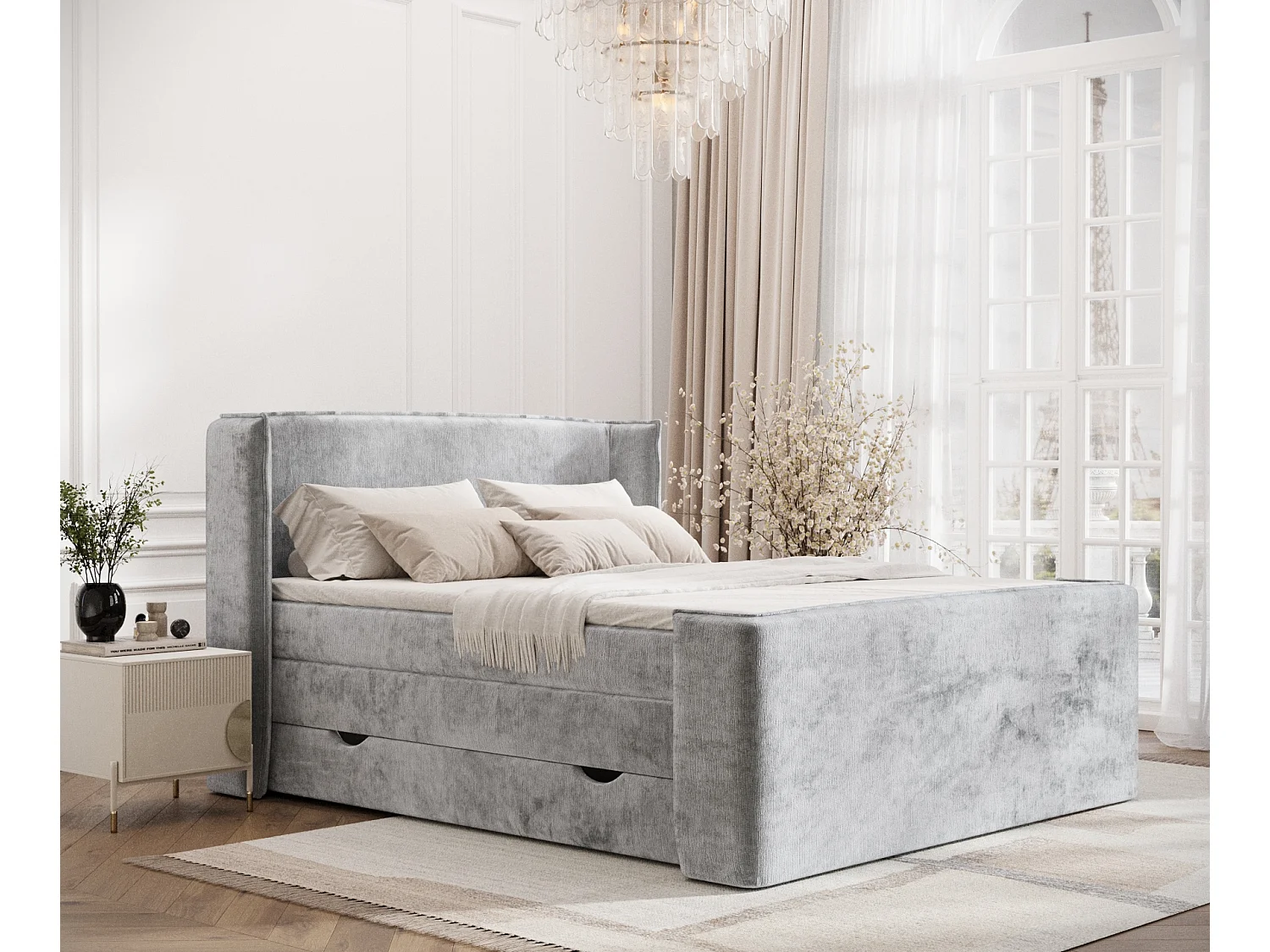 Lit boxspring en tissu chenille Freeland - matelas - surmatelas - 200x200 cm - gris clair
