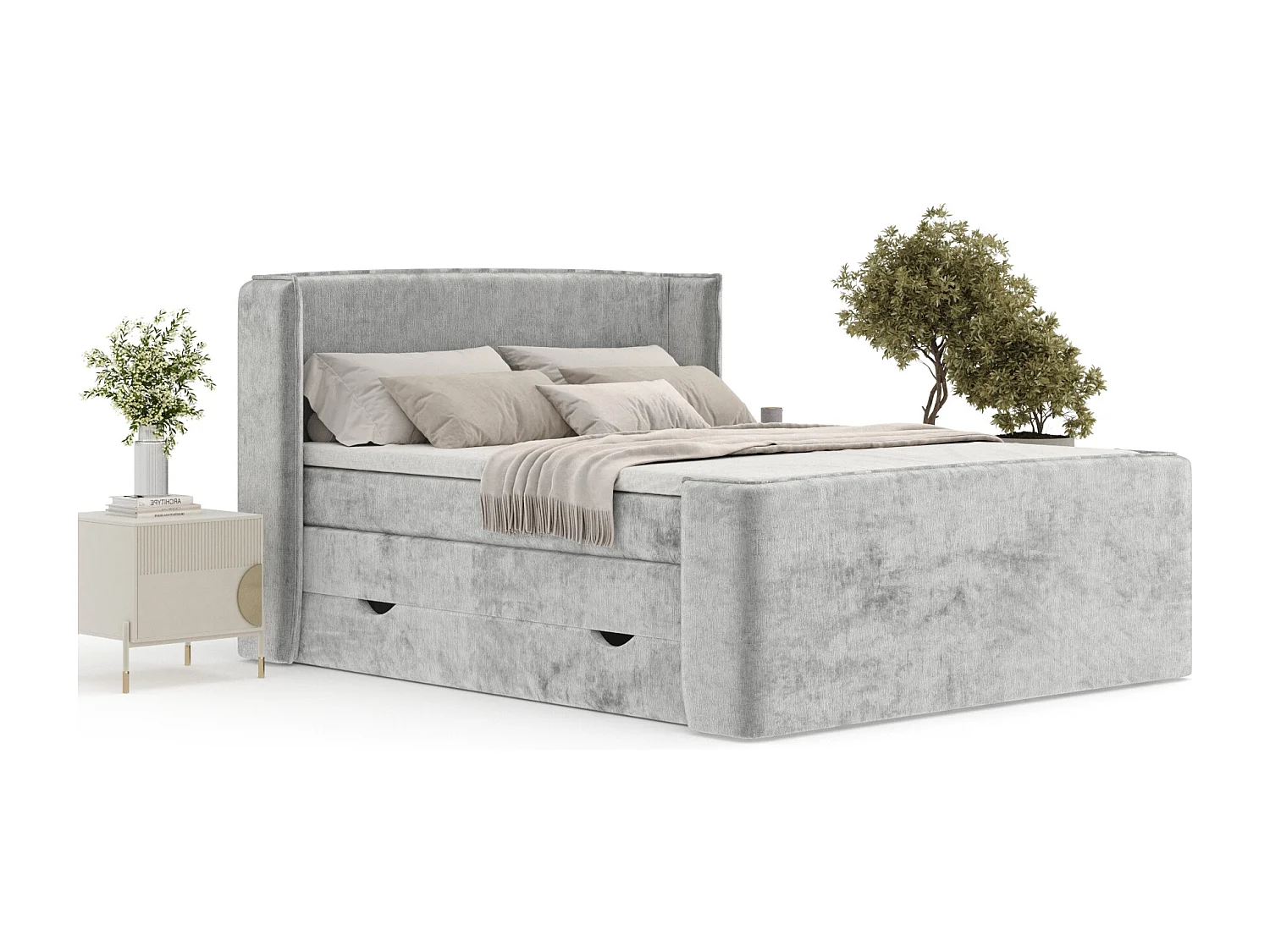 Boxspringbett aus Chenille-Stoff Freeland - Matratze - Toppermatratze - 200x200 cm - hellgrau