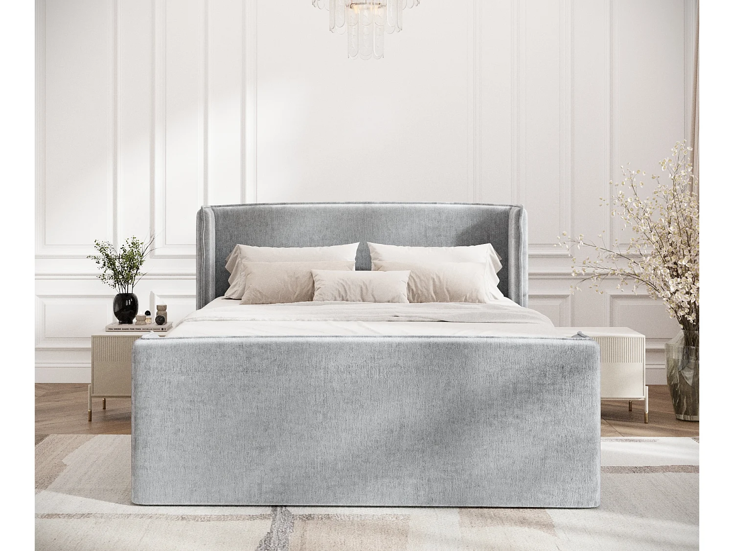 Boxspringbett aus Chenille-Stoff Freeland - Matratze - Toppermatratze - 200x200 cm - hellgrau