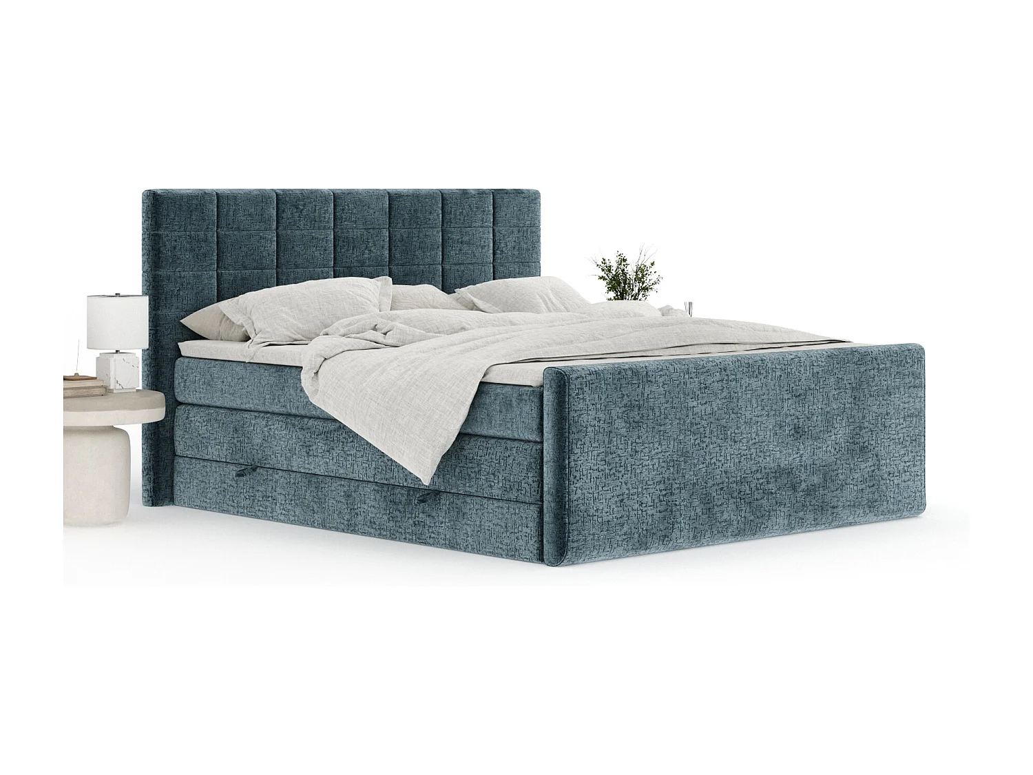 Boxspringbett aus Chenille-Stoff Ava - Matratze - Toppermatratze - 200x200 cm - blau