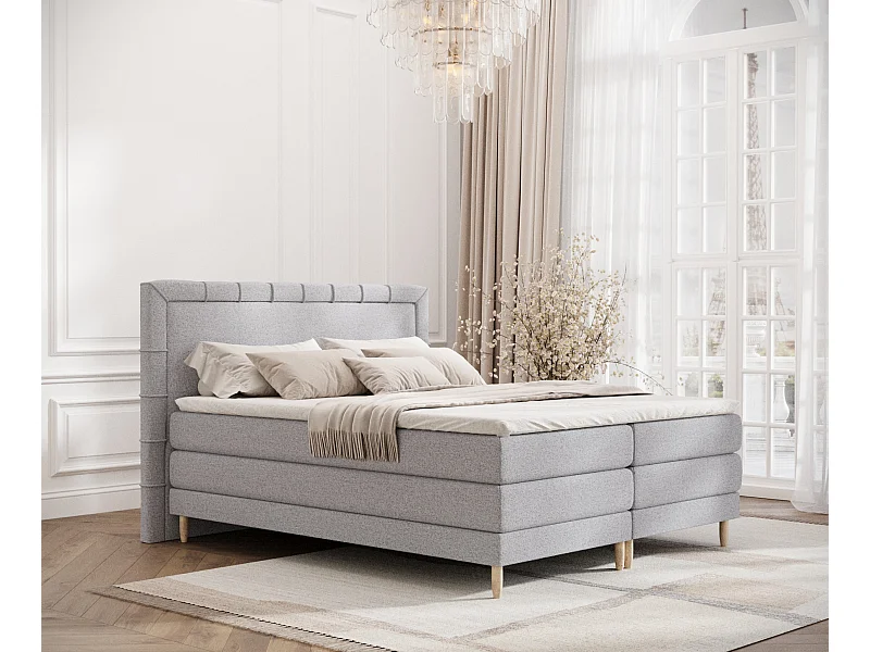 Łóżko boxspring w tkaninie plecionej Rimini - materac - topper - 160x200 cm - jasnoszary