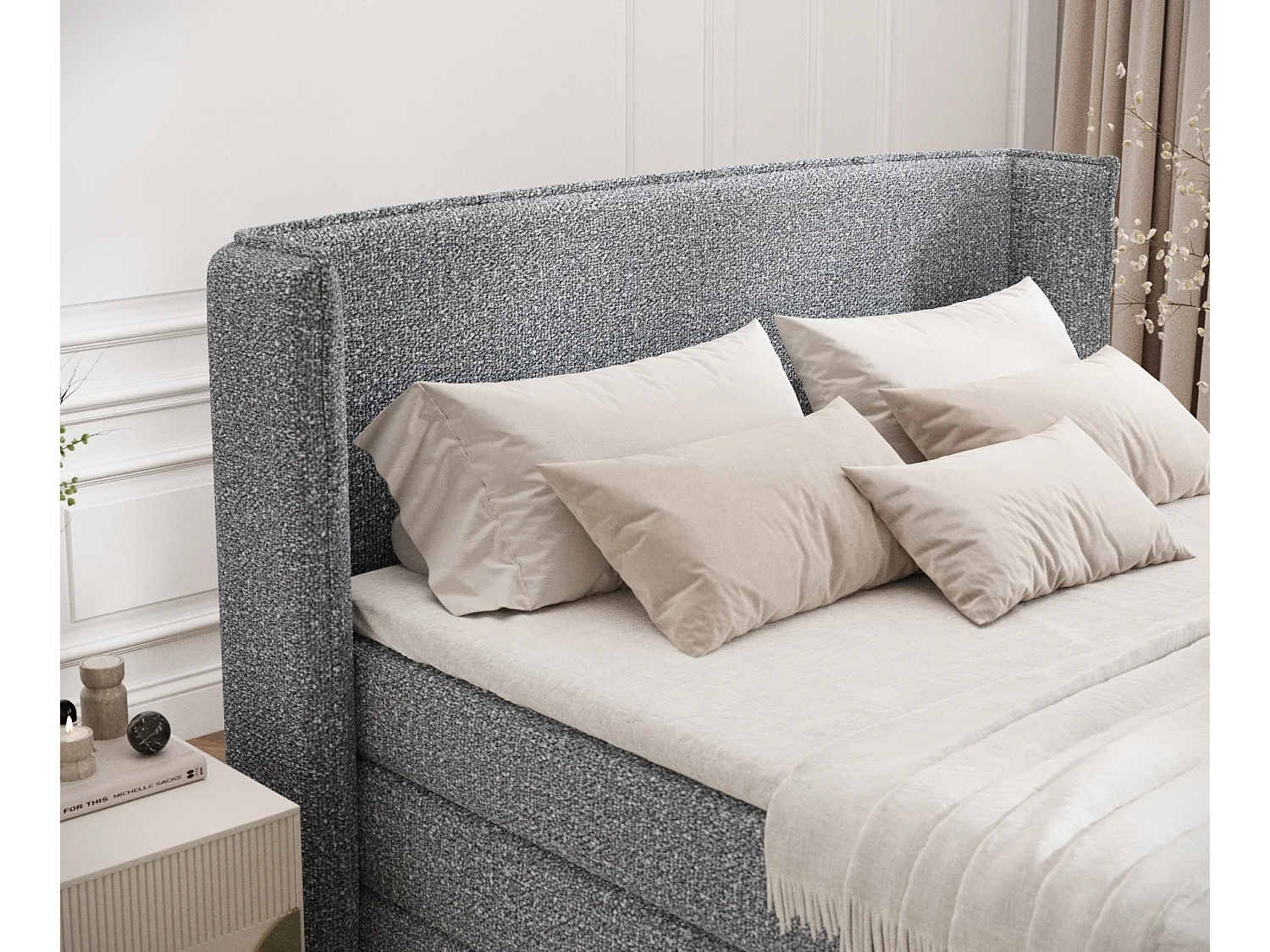Boxspringbett aus Boucle-Stoff Freeland - Matratze - Toppermatratze - 200x200 cm - grau