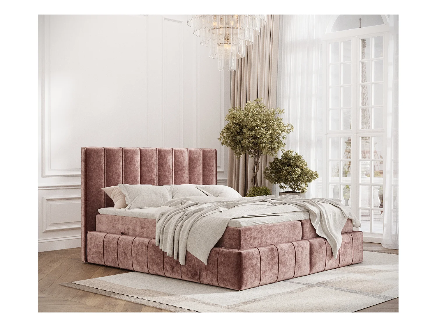 Lit boxspring en tissu chenille Moretti - matelas - surmatelas - 200x200 cm - rose