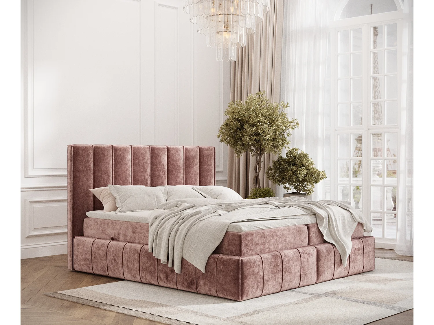Boxspringbett aus Chenille-Stoff Moretti - Matratze - Toppermatratze - 200x200 cm - rosa