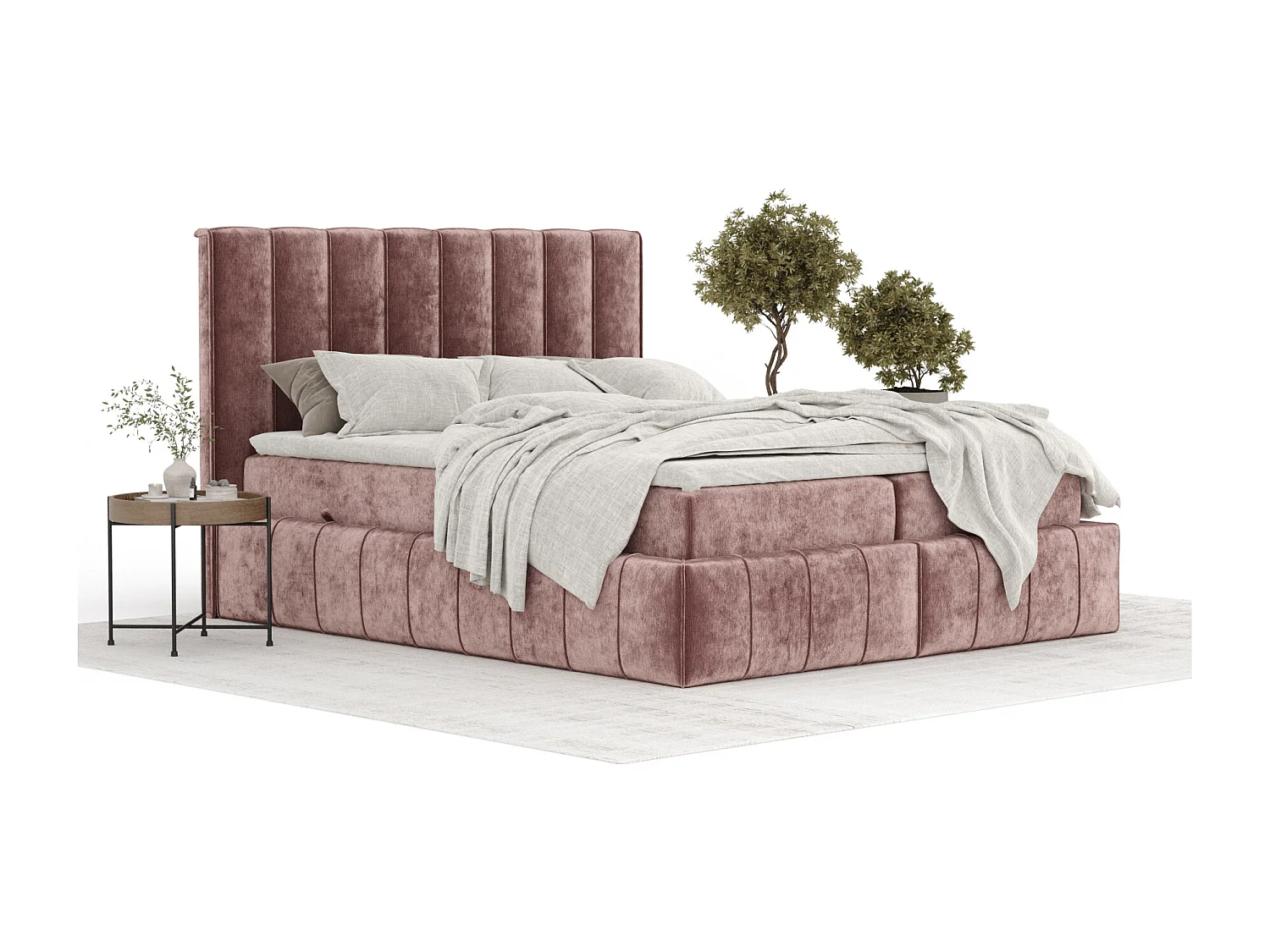 Boxspringbett aus Chenille-Stoff Moretti - Matratze - Toppermatratze - 200x200 cm - rosa