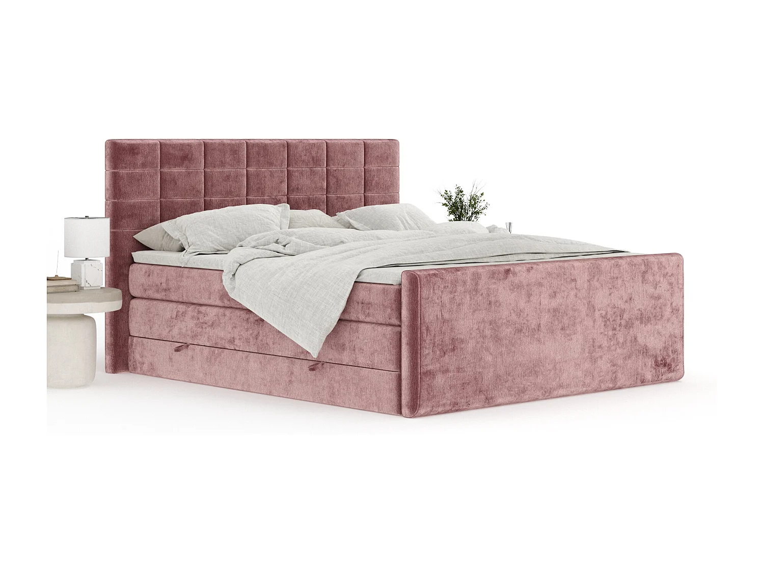 Boxspringbett aus Chenille-Stoff Ava - Matratze - Toppermatratze - 140x200 cm - rosa