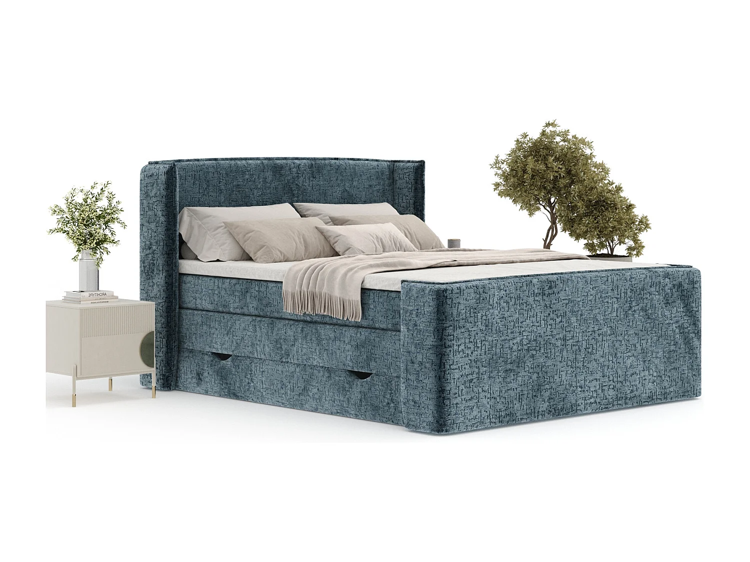 Boxspringbett aus Chenille-Stoff Freeland - Matratze - Toppermatratze - 200x200 cm - blau
