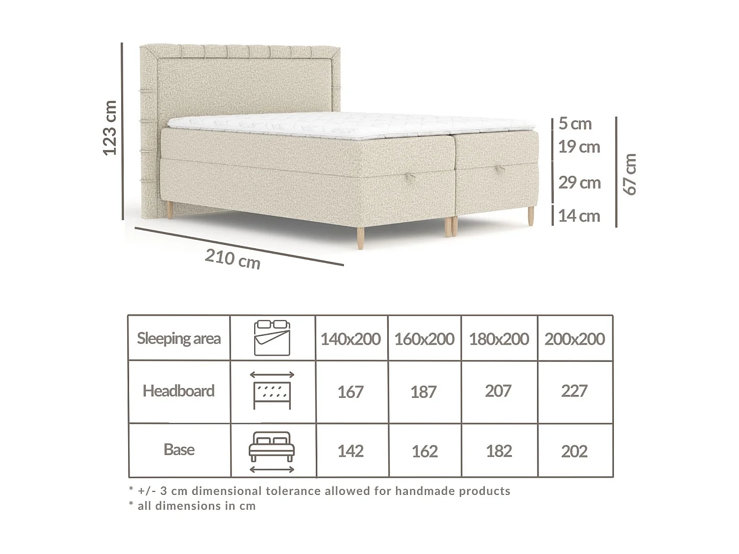 Łóżko boxspring w tkaninie boucle Voyage - materac - topper - 140x200 cm - beżowy