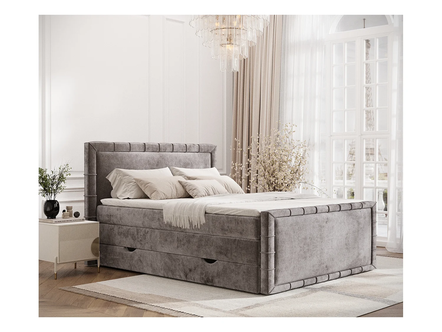 Lit boxspring en tissu chenille Estelle - matelas - surmatelas - 200x200 cm - beige