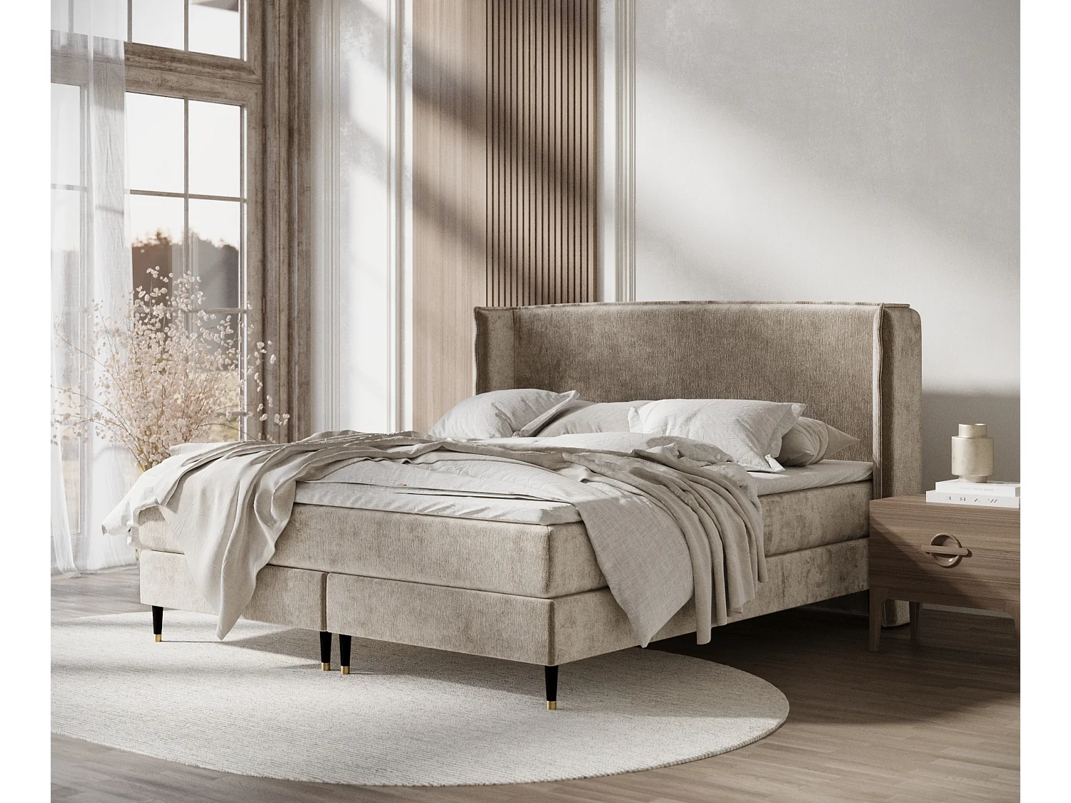 Boxspringbett aus Chenille-Stoff Ardis - Matratze - Toppermatratze - 180x200 cm - beige