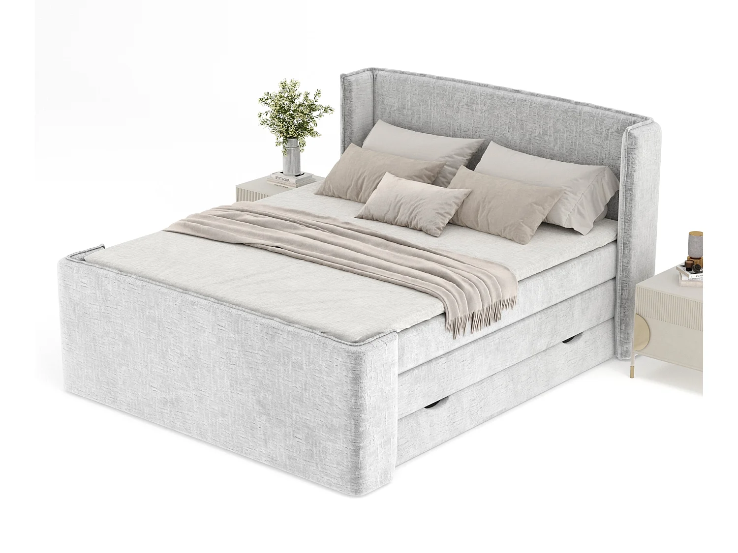 Boxspringbett aus Chenille-Stoff Freeland - Matratze - Toppermatratze - 180x200 cm - hellgrau