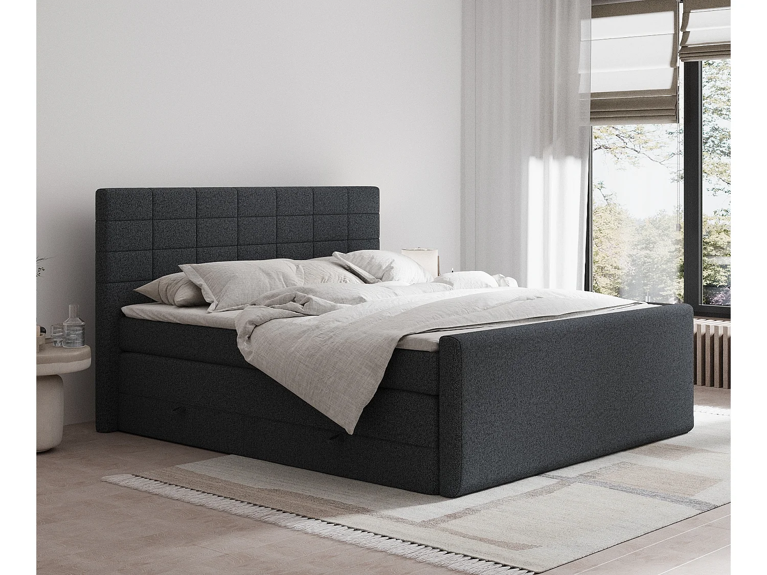 Lit boxspring en toile tissée Ava - matelas - surmatelas - 140x200 cm - noir