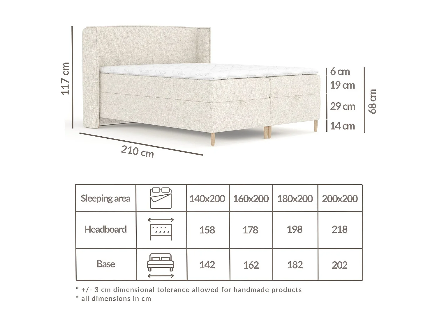 Boxspringbett aus Boucle-Stoff Monpelli - Matratze - Toppermatratze - 140x200 cm - grau