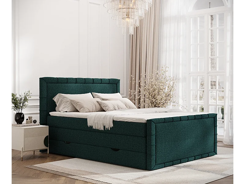 Łóżko boxspring w tkaninie plecionej Estelle - materac - topper - 180x200 cm - zielony