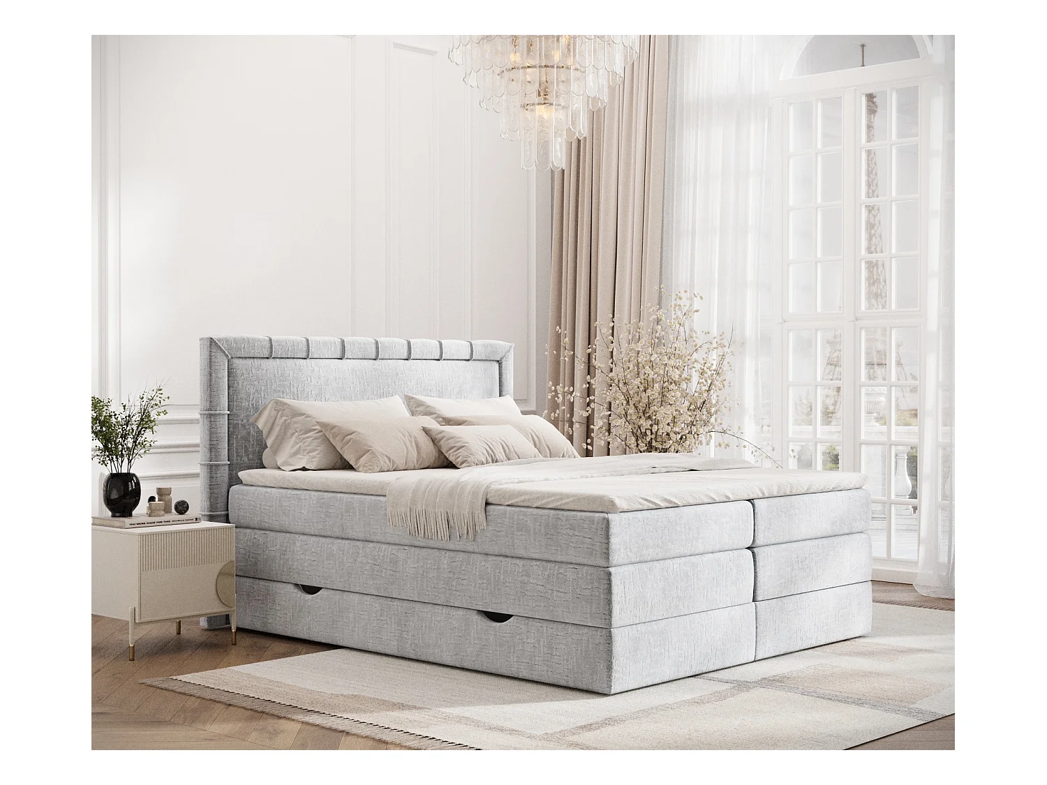 Lit boxspring en tissu chenille Rosabel - matelas - surmatelas - 160x200 cm - gris clair