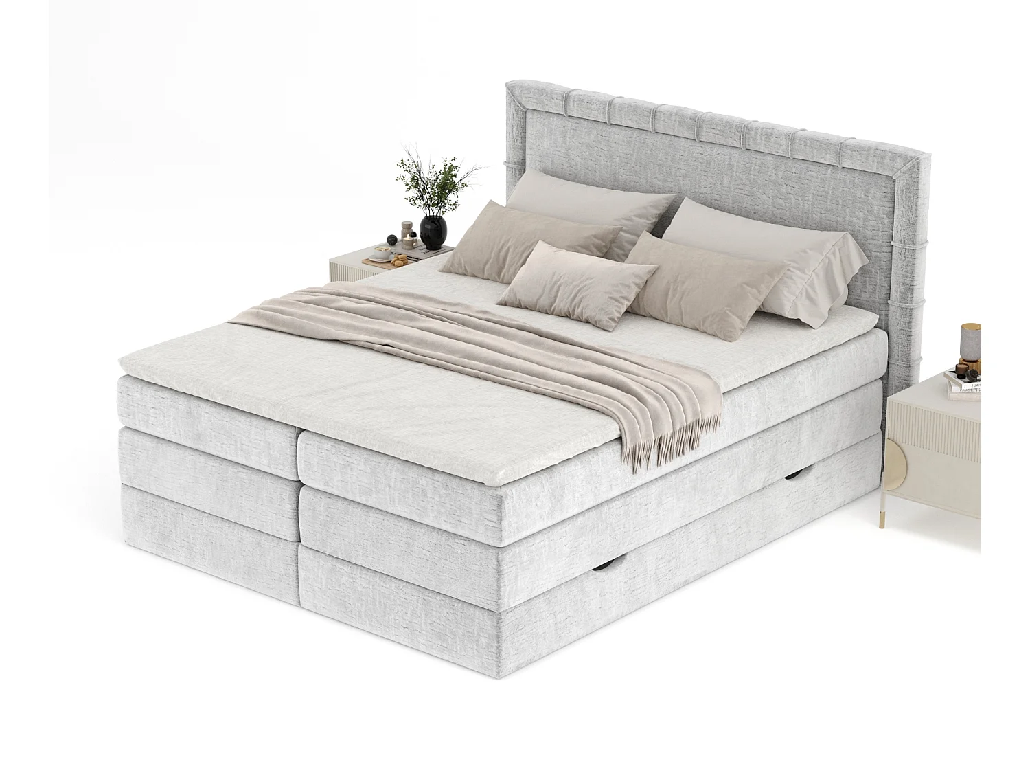 Lit boxspring en tissu chenille Rosabel - matelas - surmatelas - 160x200 cm - gris clair
