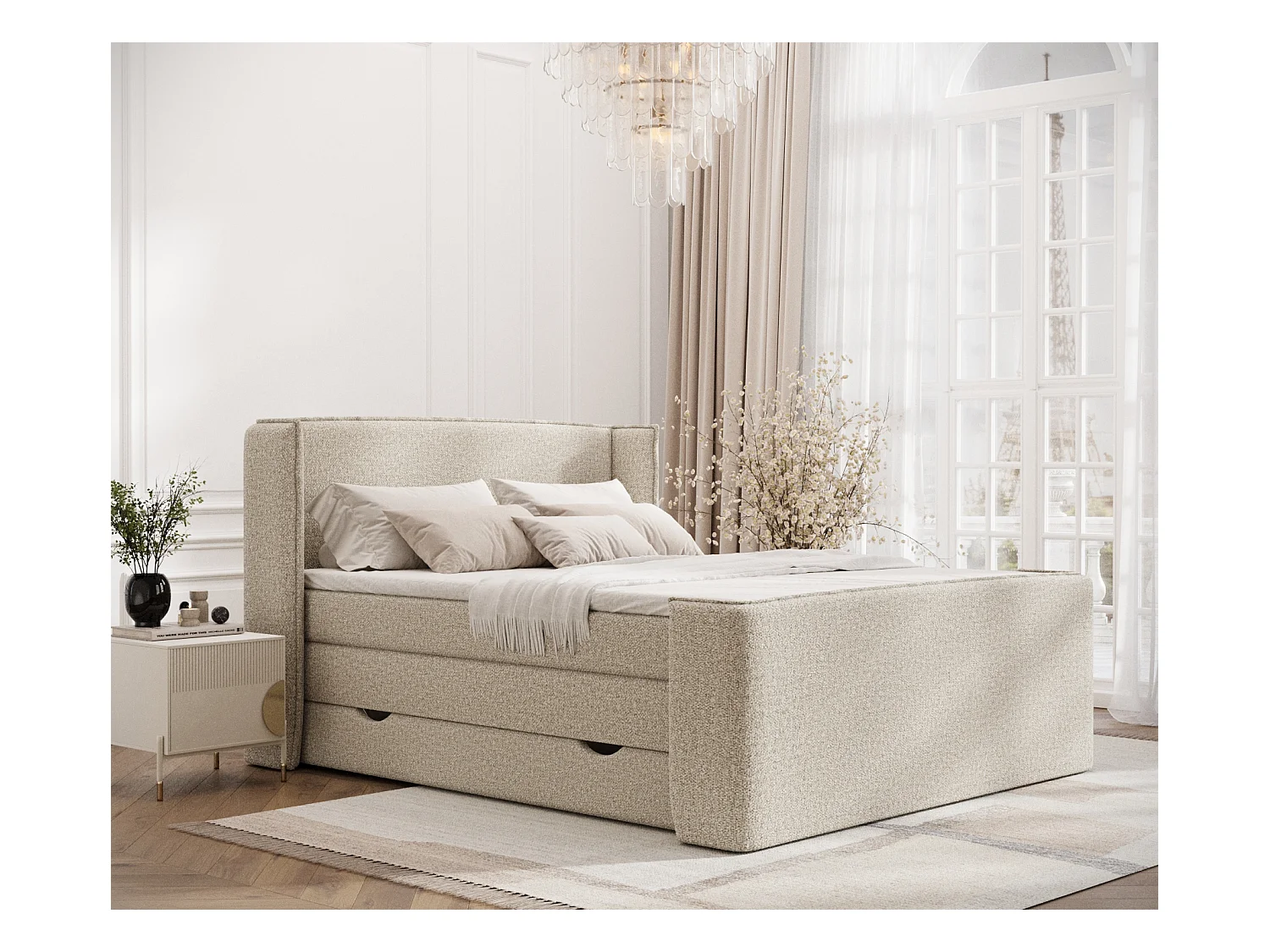 Lit boxspring en tissu bouclette Freeland - matelas - surmatelas - 180x200 cm - beige