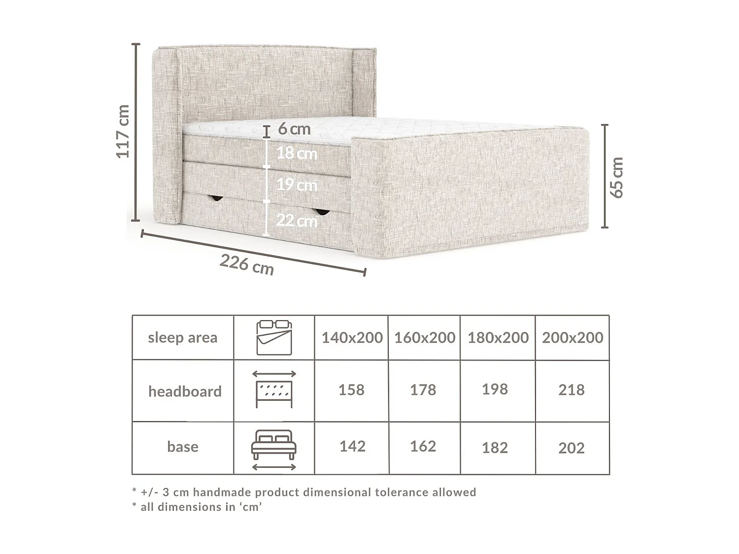 Boxspringbett aus Webstoff Freeland - Matratze - Toppermatratze - 140x200 cm - creme