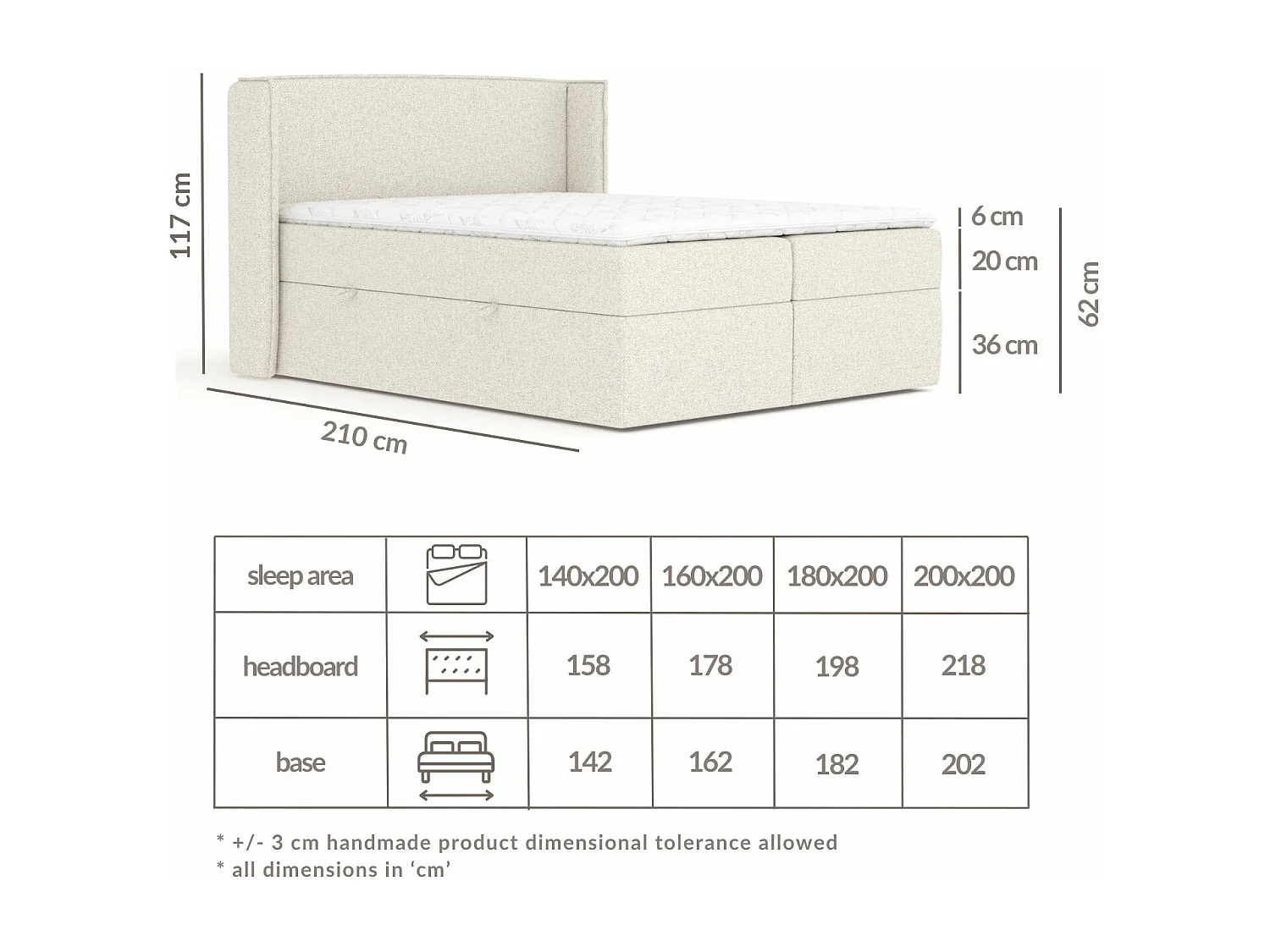 Boxspringbett aus Boucle-Stoff Skyline - Matratze - Toppermatratze - 200x200 cm - creme