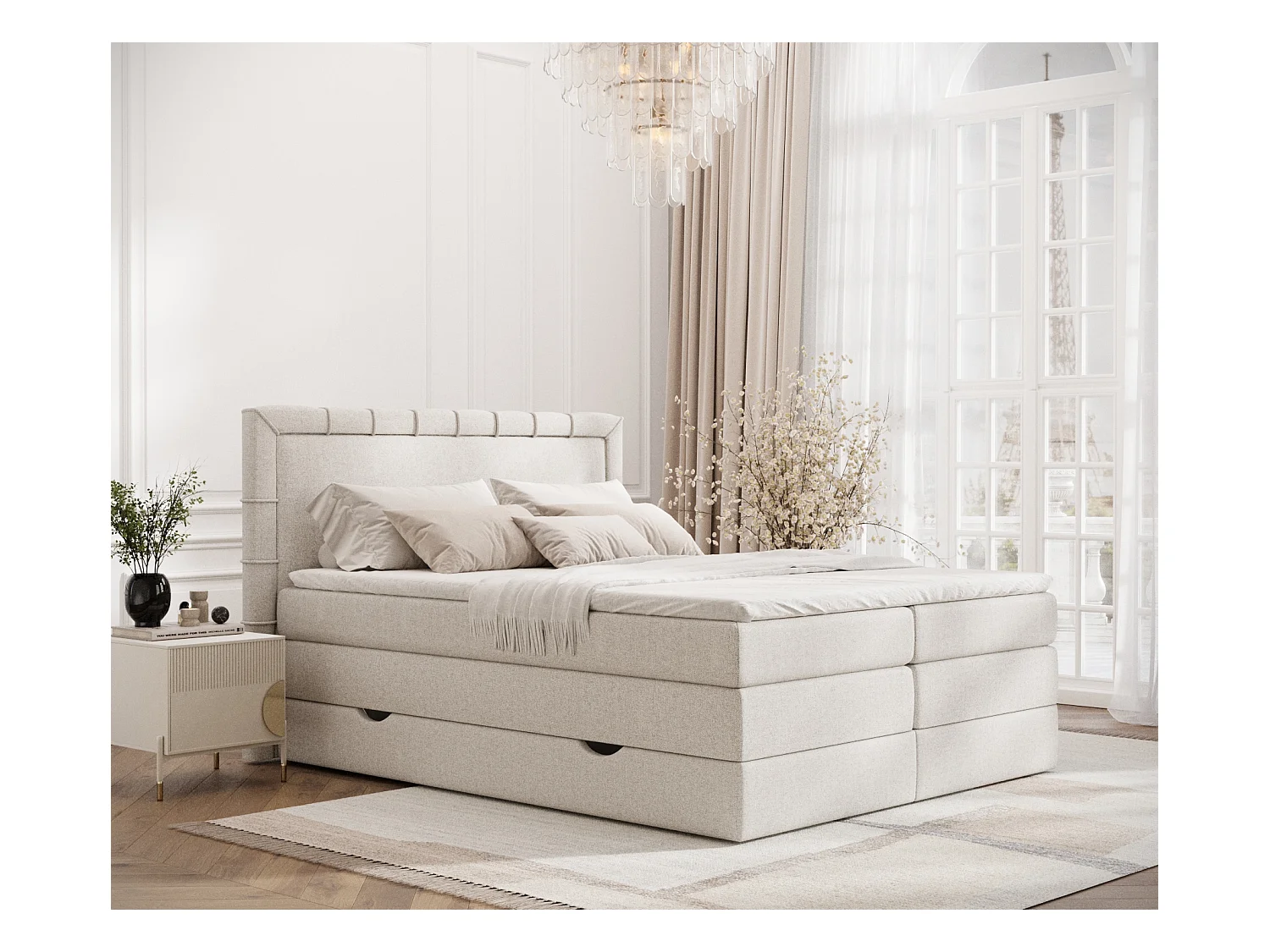Lit boxspring en toile tissée Rosabel - matelas - surmatelas - 160x200 cm - beige
