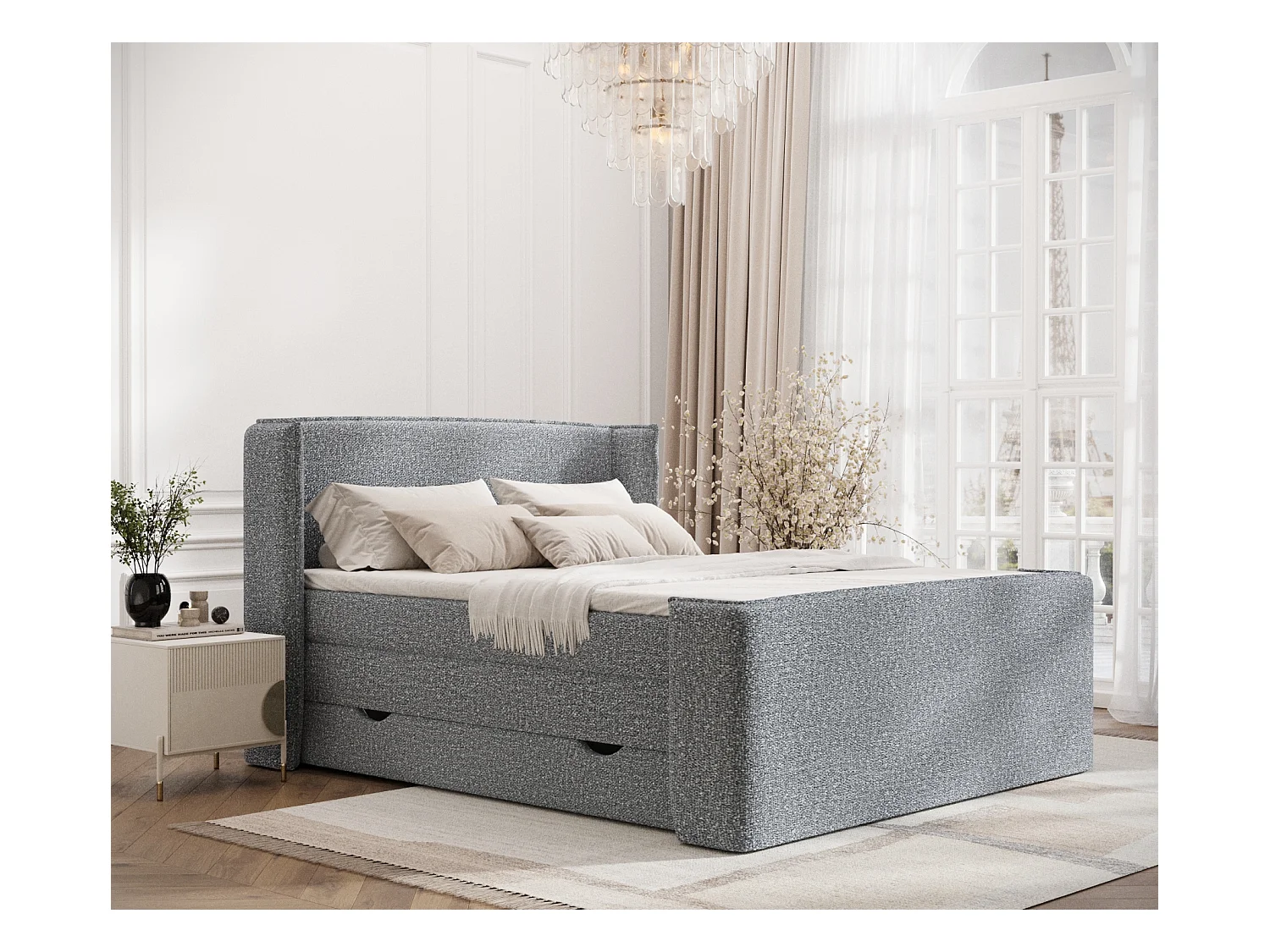 Lit boxspring en tissu bouclette Freeland - matelas - surmatelas - 180x200 cm - gris
