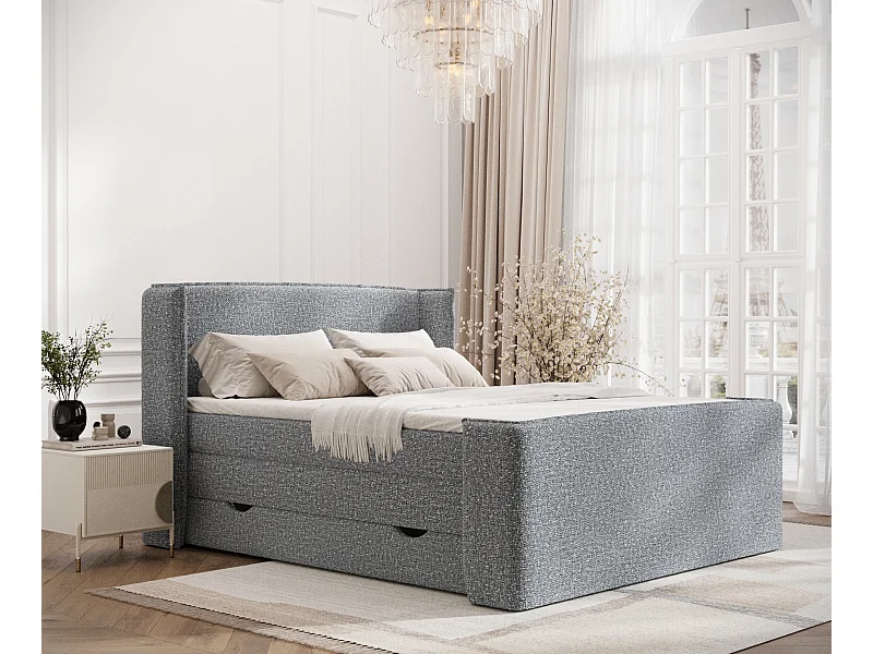 Boxspringbett aus Boucle-Stoff Freeland - Matratze - Toppermatratze - 180x200 cm - grau