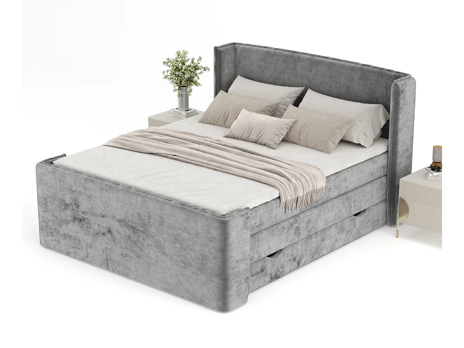 Lit boxspring en tissu chenille Freeland - matelas - surmatelas - 200x200 cm - gris