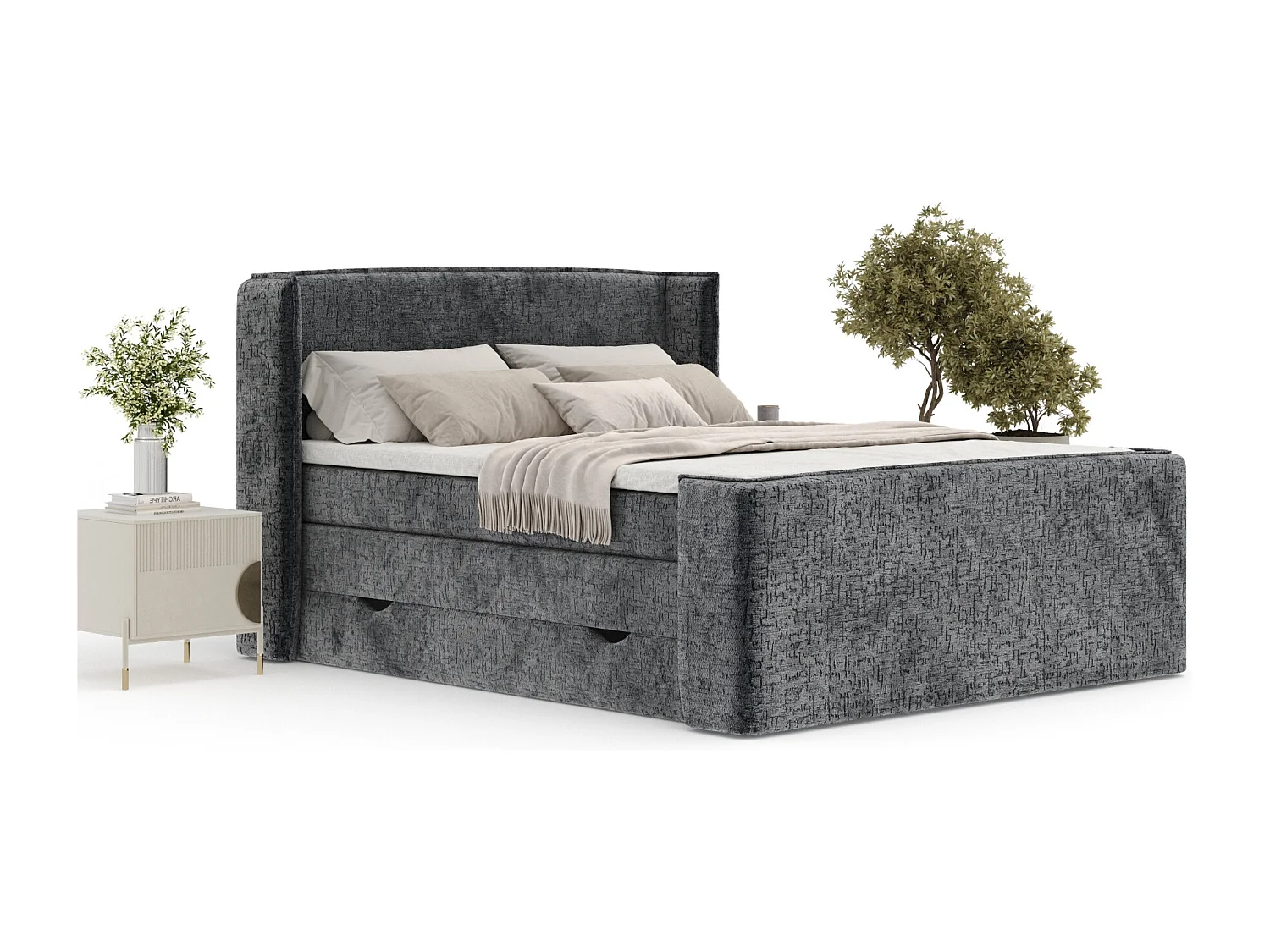 Lit boxspring en tissu chenille Freeland - matelas - surmatelas - 140x200 cm - anthracite