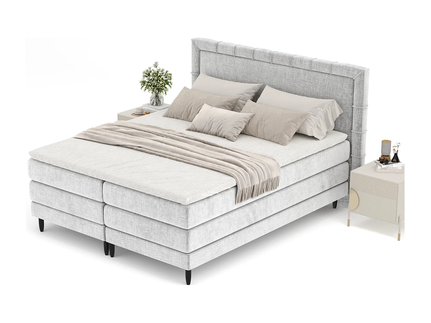 Boxspringbett aus Chenille-Stoff Rimini - materac - topper - 160x200 cm - hellgrau