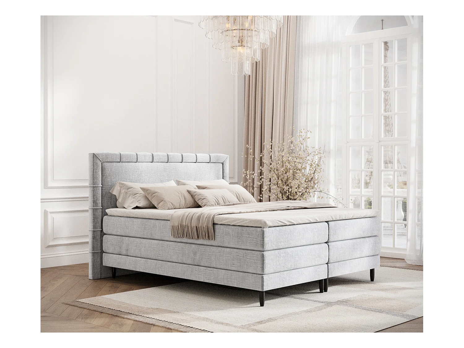Lit boxspring en tissu chenille Rimini - matelas - surmatelas - 160x200 cm - gris clair