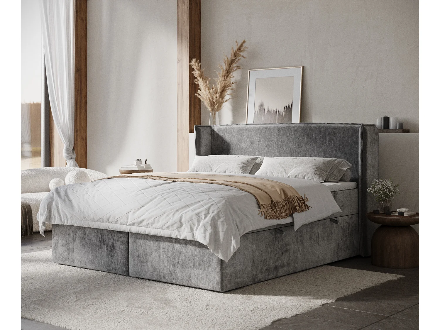 Boxspringbett aus Chenille-Stoff Skyline - Matratze - Toppermatratze - 160x200 cm - grau